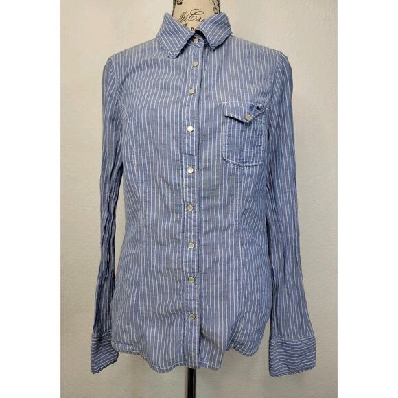 Guess Los Angeles Shirt Womens SZ M Blue White Striped Long sleeve Snap Pocket - Picture 2 of 13